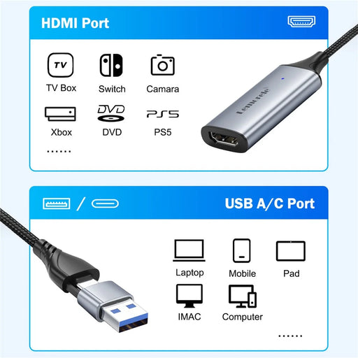 LEMORELE AC05 HD Video Capture Card USB-A Type-C Dual Interface Capture Card Recorder Adapter for Game Streaming Recording - Grey  /  Silver - 2