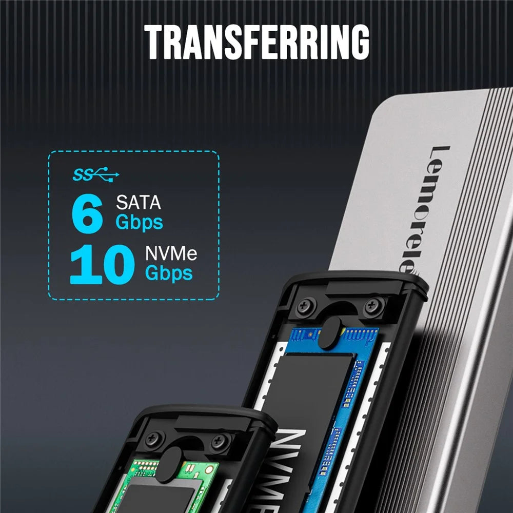 LEMORELE SD2L M.2 NVMe SATA SSD Enclosure 10Gbps USB3.2 Gen2 Tool-Free Aluminum Alloy Hard Drive Case - Black - 4