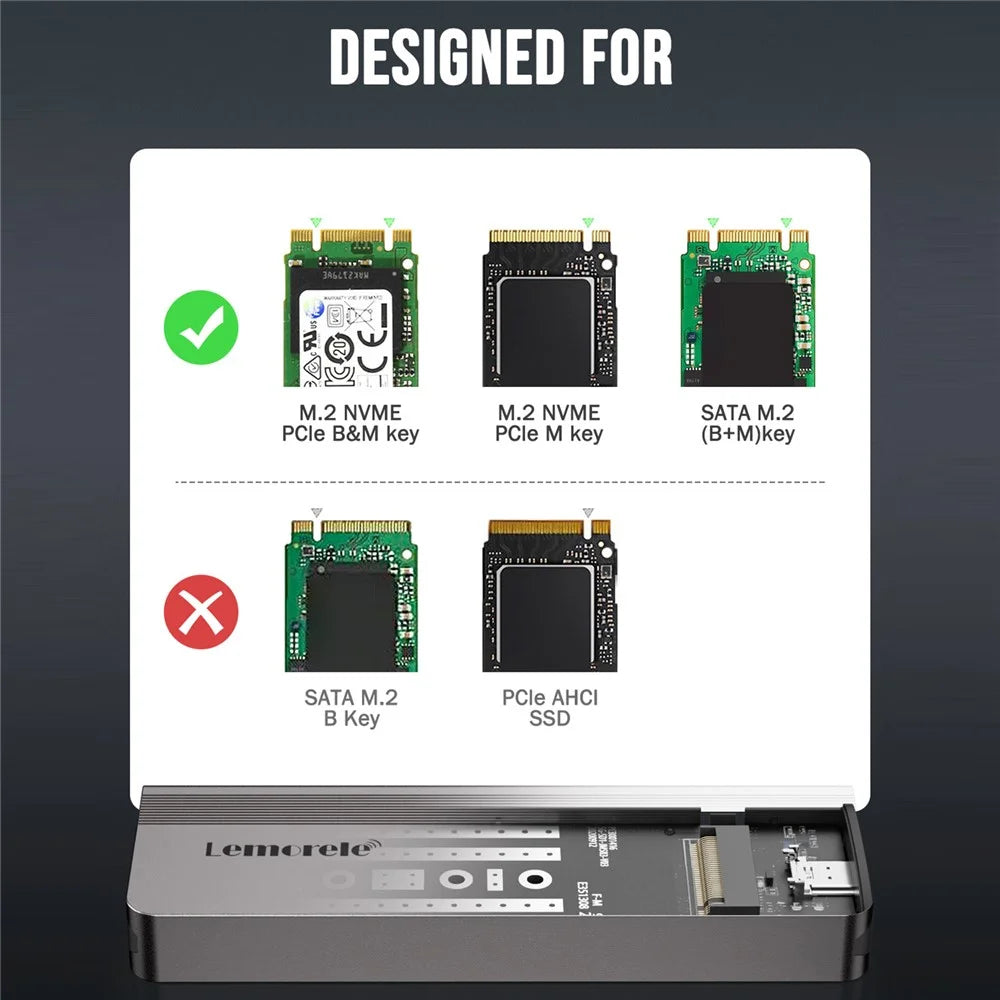 LEMORELE SD2L M.2 NVMe SATA SSD Enclosure 10Gbps USB3.2 Gen2 Tool-Free Aluminum Alloy Hard Drive Case - Black - 7