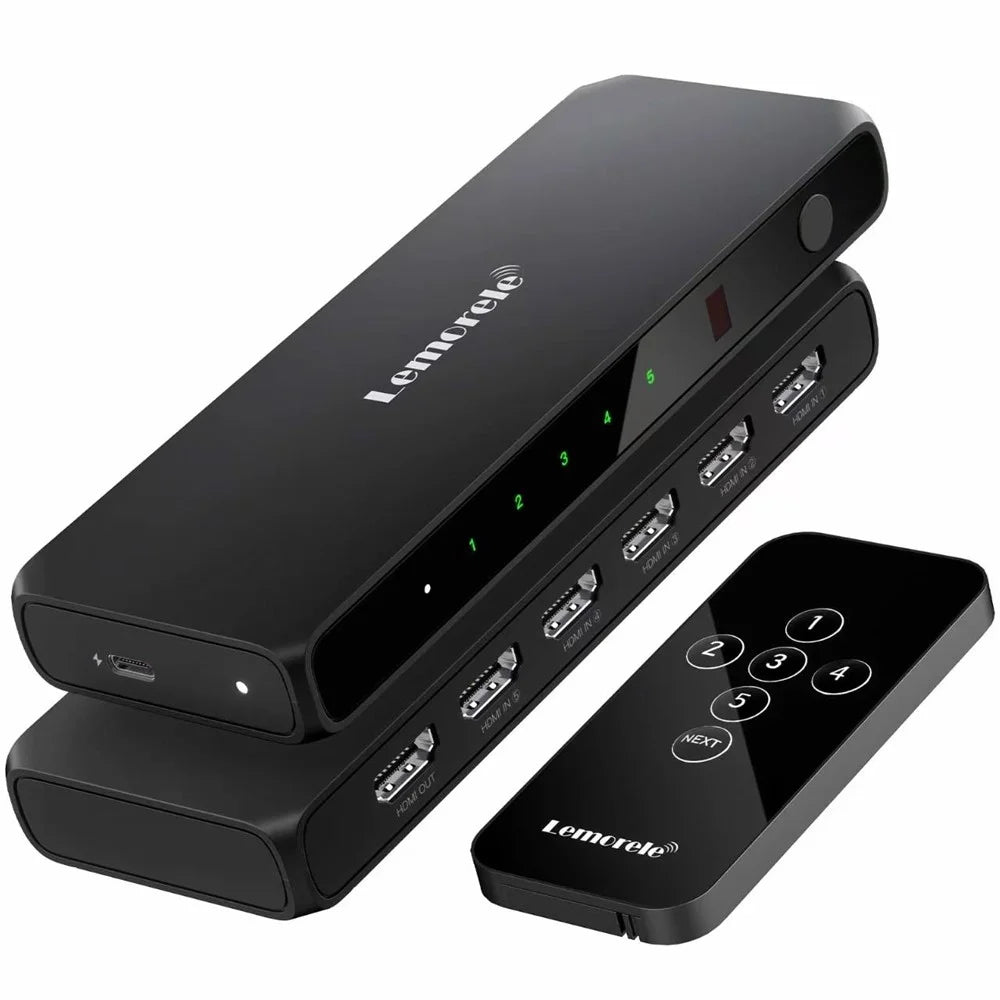 LEMORELE G96 5 Input 1 Output HD Switcher with Remote Control 4K 30Hz Multi-Device Switch for Gaming TV - Black - 1