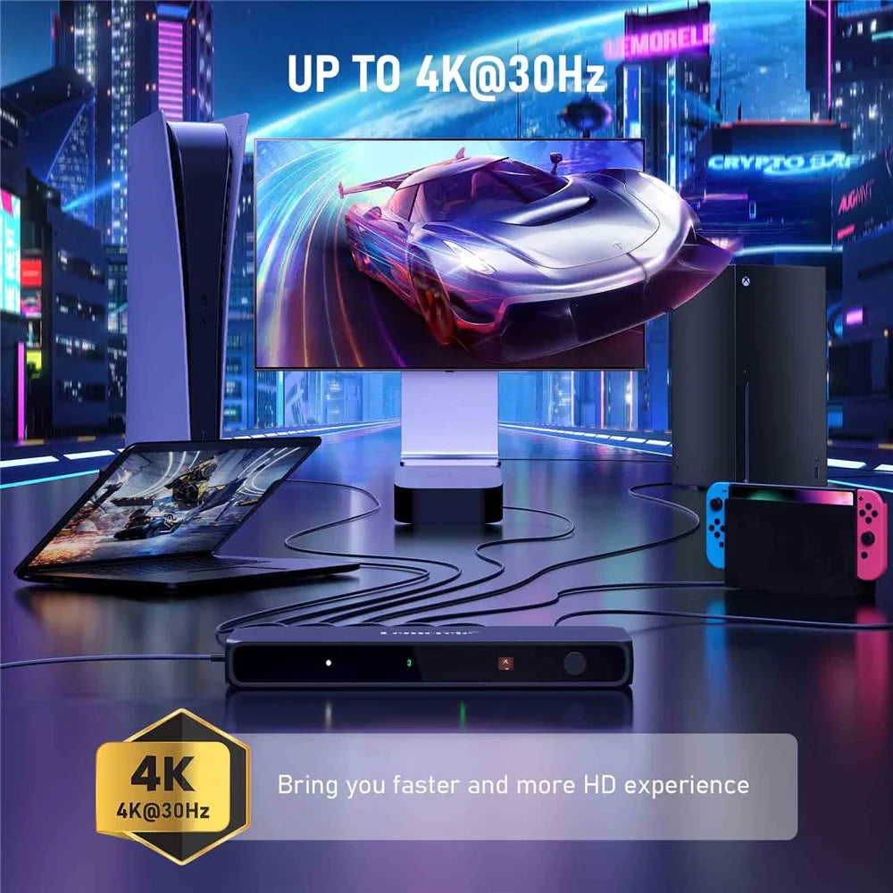LEMORELE G96 5 Input 1 Output HD Switcher with Remote Control 4K 30Hz Multi-Device Switch for Gaming TV - Black - 2