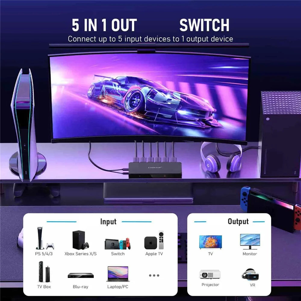 LEMORELE G96 5 Input 1 Output HD Switcher with Remote Control 4K 30Hz Multi-Device Switch for Gaming TV - Black - 4