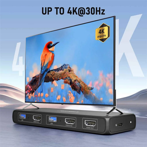 LEMORELE G98 Dual Port HD KVM Switch 2 Input 1 Output USB 3.0 Hub 4K@30Hz Desktop Switcher for PC Laptop - Black - 2