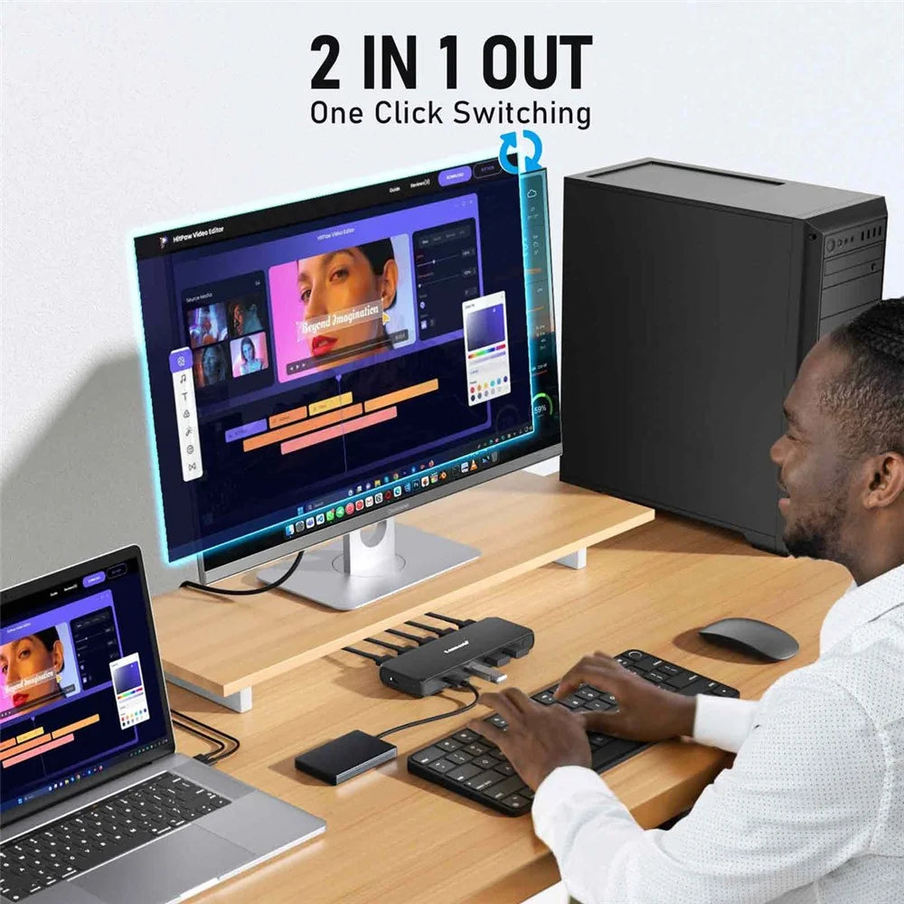 LEMORELE G98 Dual Port HD KVM Switch 2 Input 1 Output USB 3.0 Hub 4K@30Hz Desktop Switcher for PC Laptop - Black - 4