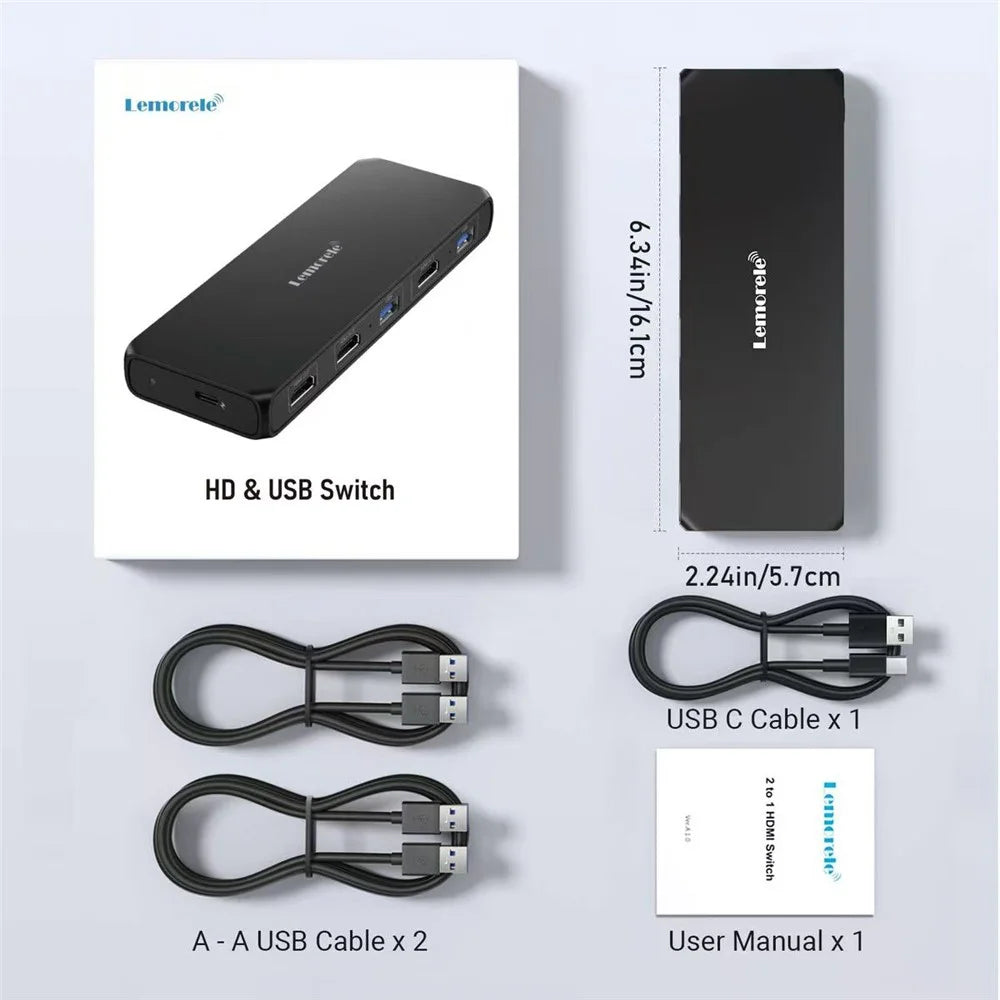 LEMORELE G98 Dual Port HD KVM Switch 2 Input 1 Output USB 3.0 Hub 4K@30Hz Desktop Switcher for PC Laptop - Black - 7