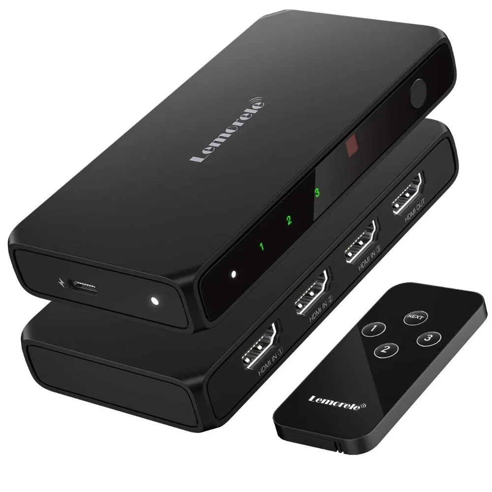 LEMORELE G99 3 Input 1 Output HD Switch with Remote Control 4K@30Hz Automatically Filters Channels Shared Switcher for Gaming Console PC TV - Black - 1
