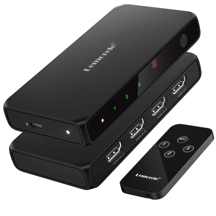 LEMORELE G99 3 Input 1 Output HD Switch with Remote Control 4K@30Hz Automatically Filters Channels Shared Switcher for Gaming Console PC TV - Black - 1
