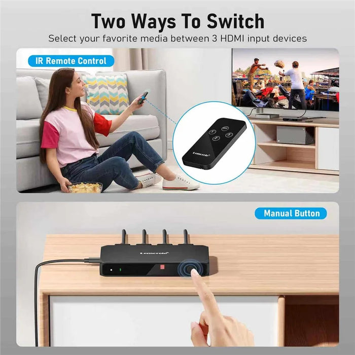 LEMORELE G99 3 Input 1 Output HD Switch with Remote Control 4K@30Hz Automatically Filters Channels Shared Switcher for Gaming Console PC TV - Black - 3