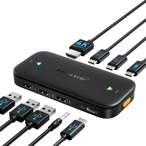 LEMORELE H200 Dual-Port USB-C KVM Switch 4K 60Hz HD Display One-Click Share Keyboard Mouse Monitor Fast Charging Dock Station - Black - 1