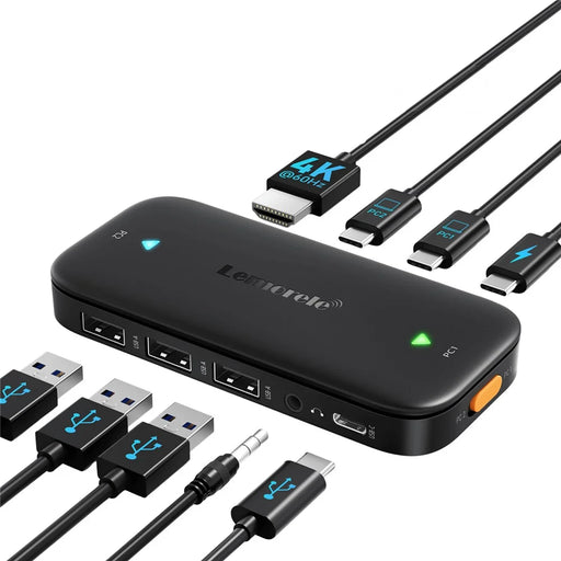 LEMORELE H200 Dual-Port USB-C KVM Switch 4K 60Hz HD Display One-Click Share Keyboard Mouse Monitor Fast Charging Dock Station - Black - 1