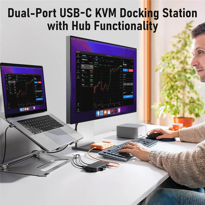 LEMORELE H200 Dual-Port USB-C KVM Switch 4K 60Hz HD Display One-Click Share Keyboard Mouse Monitor Fast Charging Dock Station - Black - 5