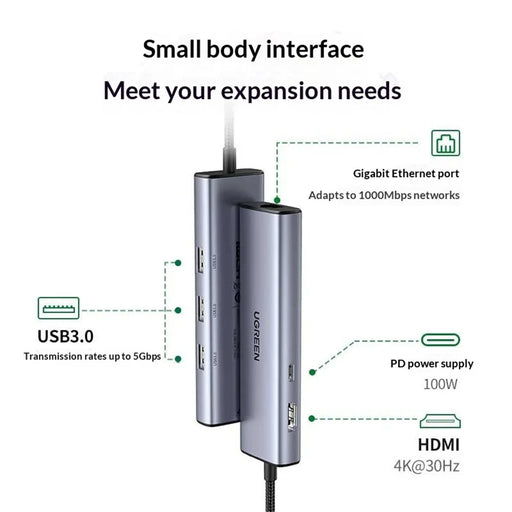 UGREEN CM512-15598 6 in 1 USB-C Hub 4K / 30Hz HD Gigabit Ethernet 3xUSB3.0 Docking Station with PD 100W Charging Port - 2