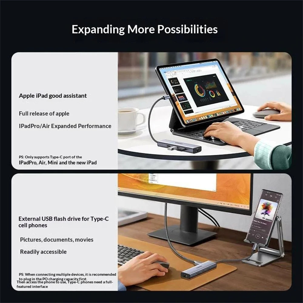 UGREEN CM512-15598 6 in 1 USB-C Hub 4K / 30Hz HD Gigabit Ethernet 3xUSB3.0 Docking Station with PD 100W Charging Port - 3