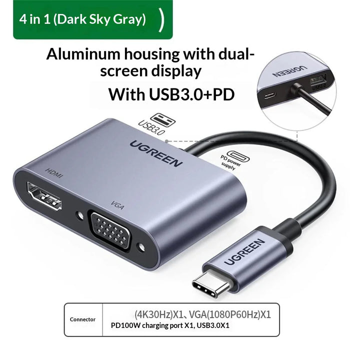 UGREEN 50505 4 in 1 Hub USB-C to 4K / 30Hz HD VGA USB 3.0 PD 100W Fast Charging Adapter - 2