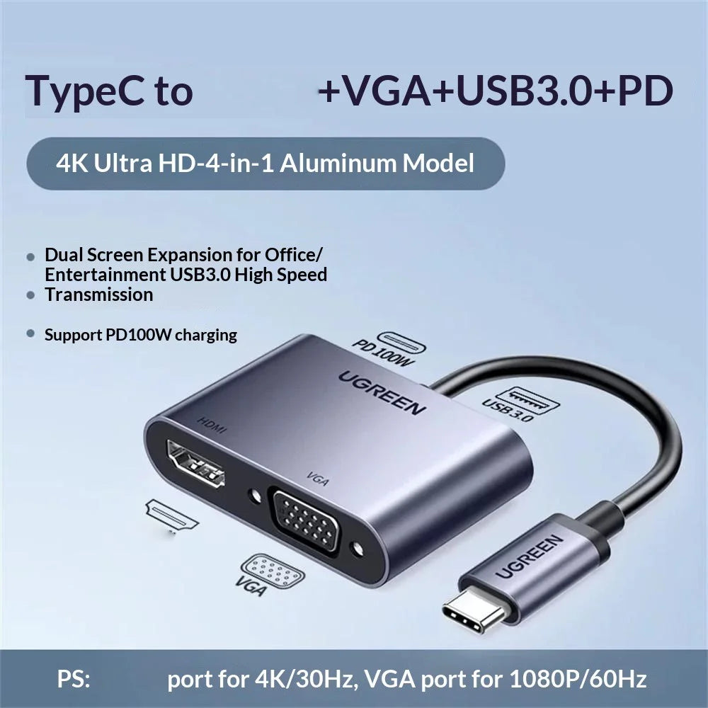 UGREEN 50505 4 in 1 Hub USB-C to 4K / 30Hz HD VGA USB 3.0 PD 100W Fast Charging Adapter - 3