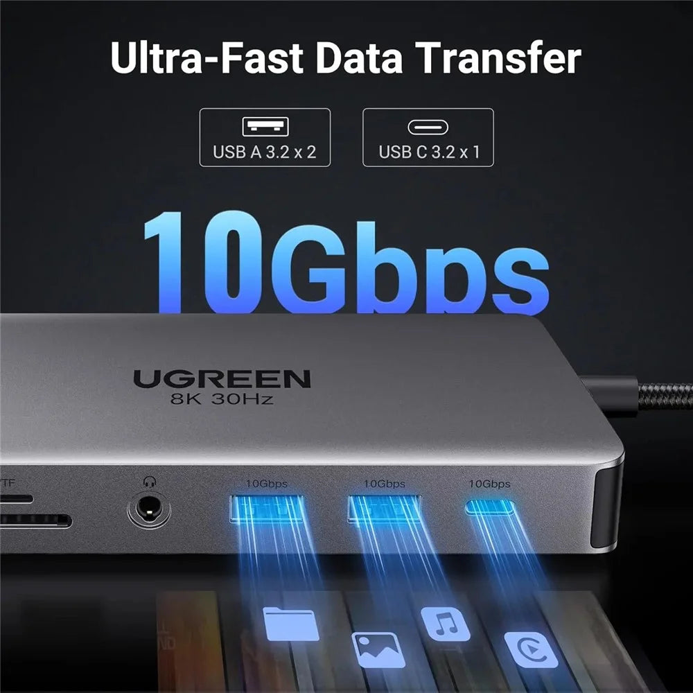 UGREEN 15965  11 in 1 USB-C Hub Dual HD USB-A / USB-C 3.2 Ethernet Adapter SD / TF Card Reader with 3.5mm Audio Port - 5