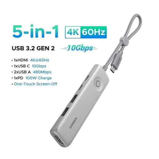 UGREEN U601 95189 5 in 1 USB-C Hub 4K / 60Hz HD PD 100W Fast Charging USB 3.2 Gen2 10Gbps Type-C Docking Station for MacBook Laptop - Silver White - 2