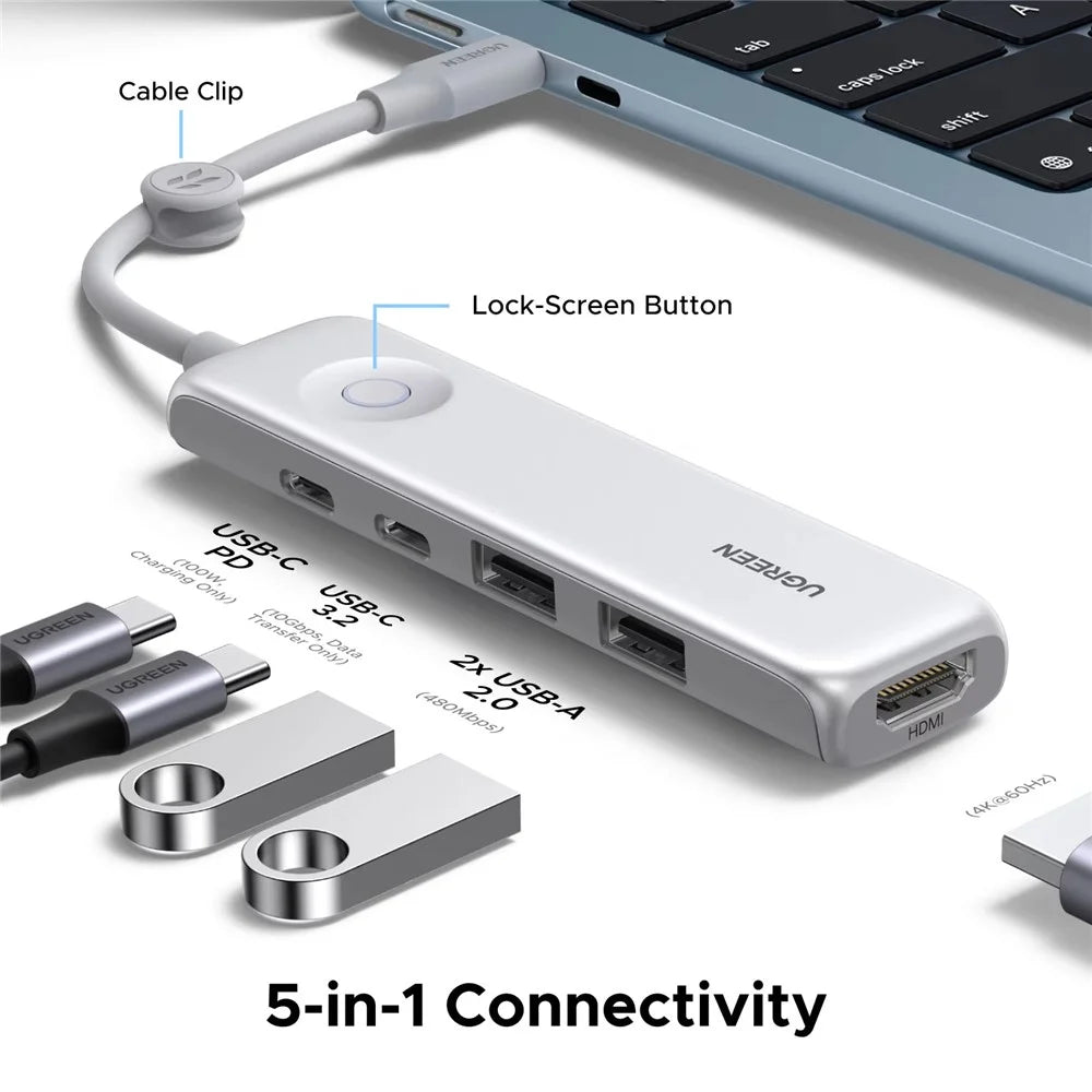 UGREEN U601 95189 5 in 1 USB-C Hub 4K / 60Hz HD PD 100W Fast Charging USB 3.2 Gen2 10Gbps Type-C Docking Station for MacBook Laptop - Silver White - 7