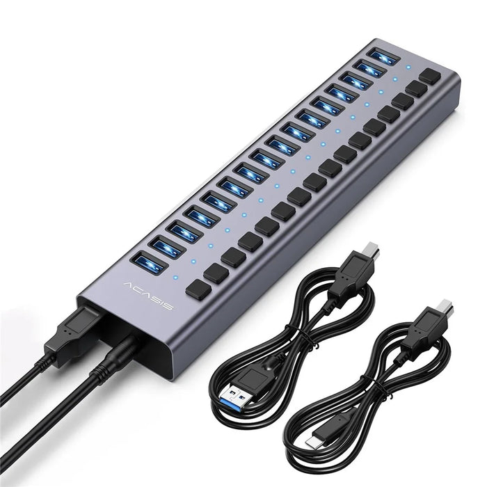 ACASIS HS-716 16-Port USB 3.2 Hub 10Gbps Data Transfer Aluminum Alloy Splitter with 96W Power Adapter for PC Laptop - US Plug - 1