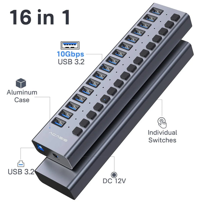 ACASIS HS-716 16-Port USB 3.2 Hub 10Gbps Data Transfer Aluminum Alloy Splitter with 96W Power Adapter for PC Laptop - US Plug - 2