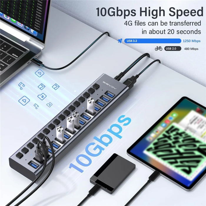 ACASIS HS-716 16-Port USB 3.2 Hub 10Gbps Data Transfer Aluminum Alloy Splitter with 96W Power Adapter for PC Laptop - US Plug - 3