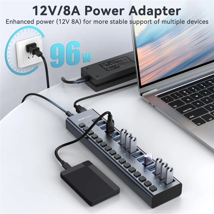 ACASIS HS-716 16-Port USB 3.2 Hub 10Gbps Data Transfer Aluminum Alloy Splitter with 96W Power Adapter for PC Laptop - US Plug - 4