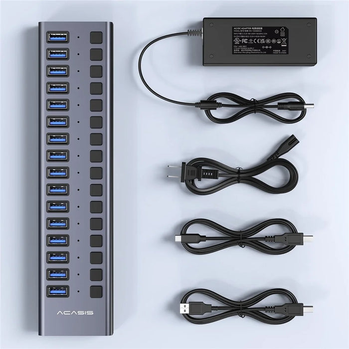 ACASIS HS-716 16-Port USB 3.2 Hub 10Gbps Data Transfer Aluminum Alloy Splitter with 96W Power Adapter for PC Laptop - US Plug - 7