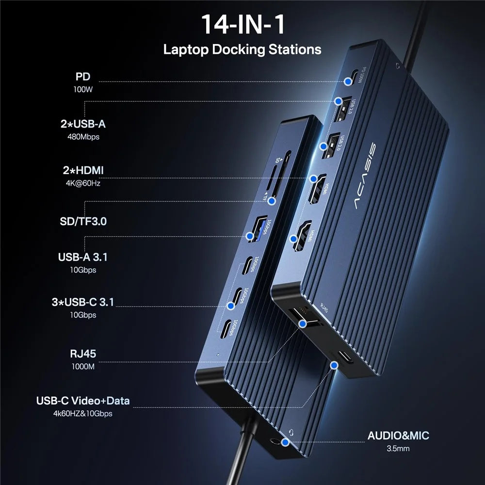 ACASIS DS-0203 14 in 1 USB-C Docking Station 3 Monitor Support 4K / 60Hz HD Hub with PD 100W Ethernet SD / TF Card Reader - 2