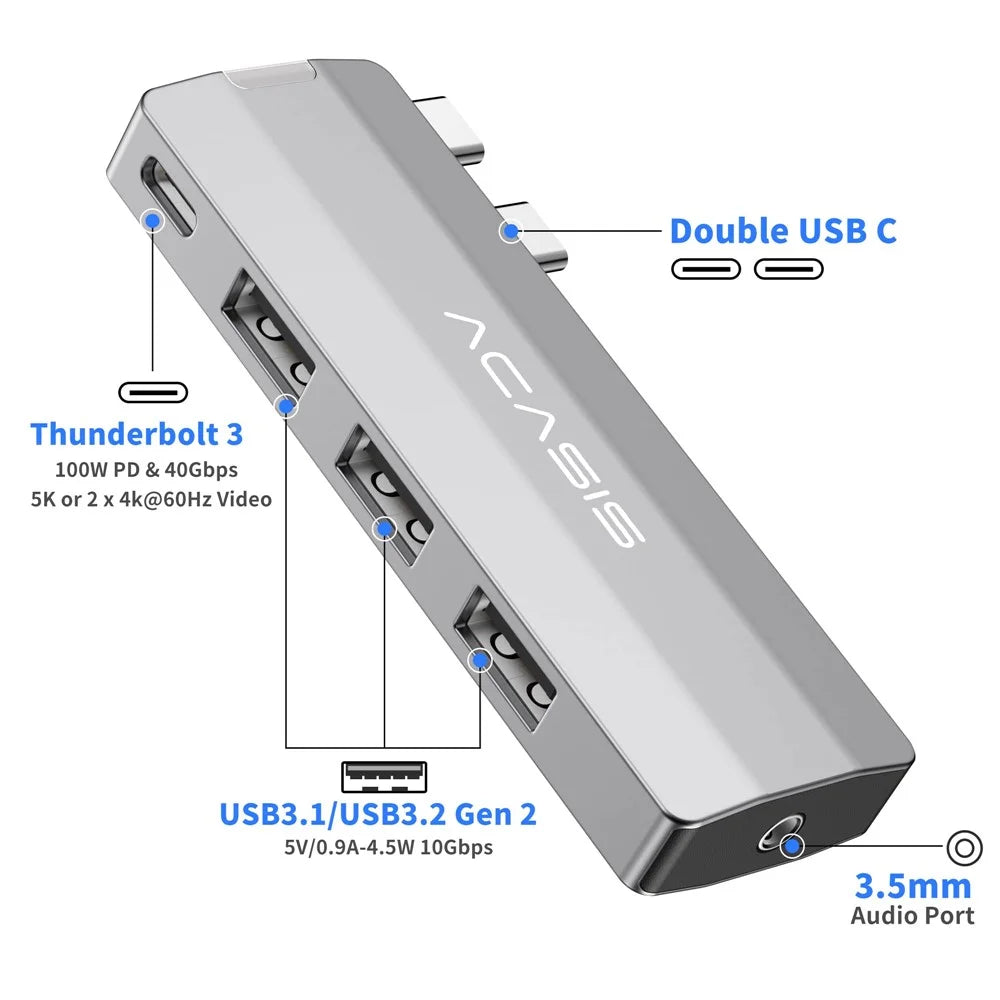 ACASIS 5 in 1 USB Hub for MacBook Pro / Air PD 100W Thunderbolt 3 USB-C 3x USB-A 10Gbps 5K Video Docking Station - 2