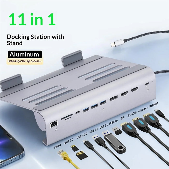 2601 Laptop Stand with Docking Station 11 in 1 PD 100W 4K HD DP RJ45 USB-C Hub - Grey - 2