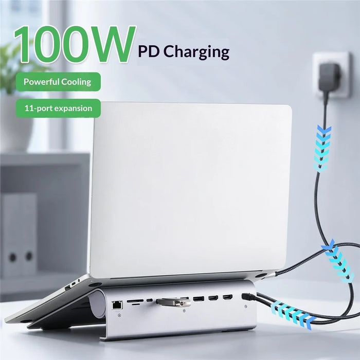 2601 Laptop Stand with Docking Station 11 in 1 PD 100W 4K HD DP RJ45 USB-C Hub - Grey - 3