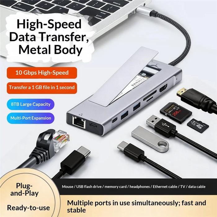 2529 9 in 1 USB 3.2 Hub M.2 NVMe SSD Enclosure Type-C Docking Station Ethernet HD 4K 60Hz PD 100W - Grey - 4