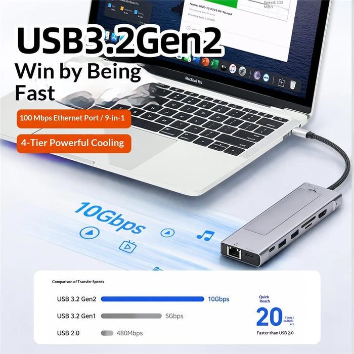 2529 9 in 1 USB 3.2 Hub M.2 NVMe SSD Enclosure Type-C Docking Station Ethernet HD 4K 60Hz PD 100W - Grey - 7