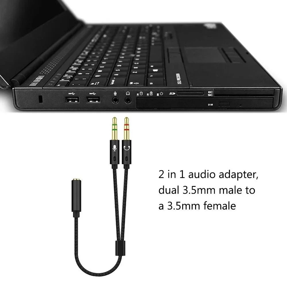 25cm 2 in 1 Audio Adapter Cable Dual 3.5mm Male to 3.5mm Female Braided Cable with Gold Plated Connector for PC Laptops - Black - 2