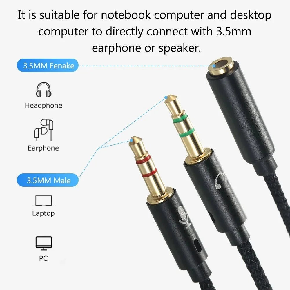 25cm 2 in 1 Audio Adapter Cable Dual 3.5mm Male to 3.5mm Female Braided Cable with Gold Plated Connector for PC Laptops - Black - 3
