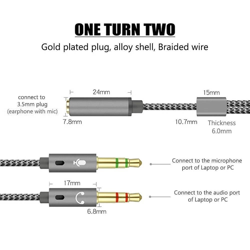 25cm 2 in 1 Audio Adapter Cable Dual 3.5mm Male to 3.5mm Female Braided Cable with Gold Plated Connector for PC Laptops - Black - 5