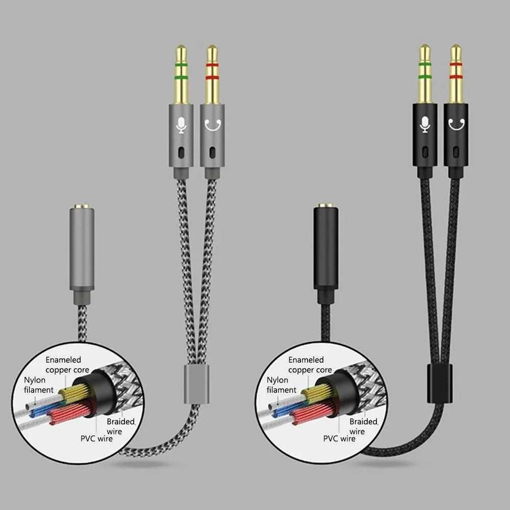 25cm 2 in 1 Audio Adapter Cable Dual 3.5mm Male to 3.5mm Female Braided Cable with Gold Plated Connector for PC Laptops - Black - 6