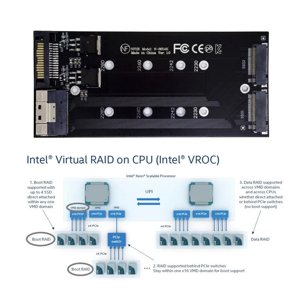 SA-014 Dual 2X NVME M.2 AHCI to PCIE Express 3.0 4.0 Slimline SFF-8654 8X Raid Card VROC Raid0 Hyper Adapter - 3