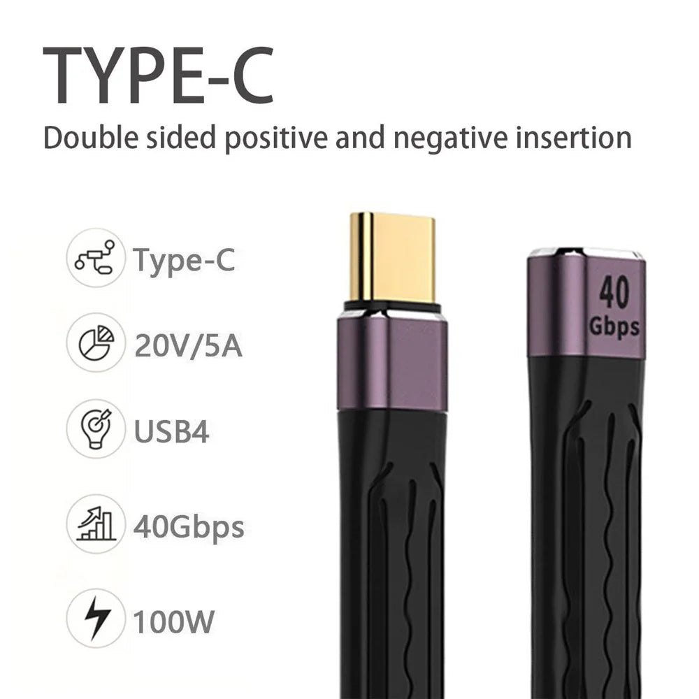 UC-040-0.13M 13cm USB4 Extension Cable Flat Male to Female 40Gbps Support 100W Charging 8K/60Hz Cord Compatible with Thunderbolt3/4 - 5