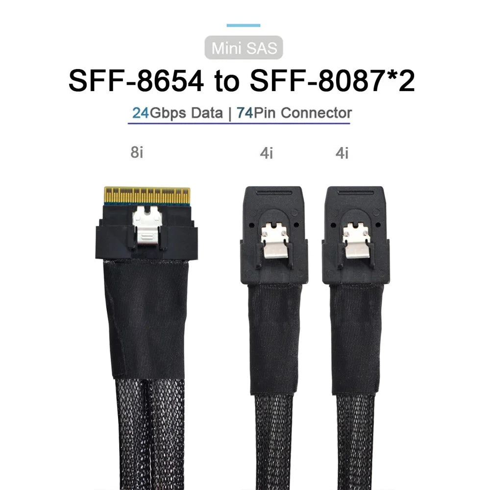 SF-029-0.5M 0.5m PCI-E Ultraport Slimline SAS Slim 4.0 SFF-8654 8i 74pin to Dual SFF-8087 Mini SAS Cable - 2