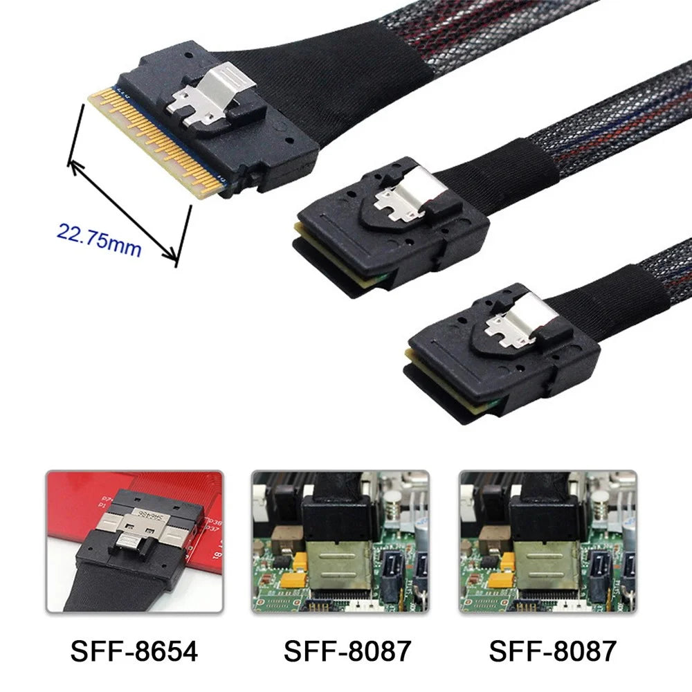 SF-029-0.5M 0.5m PCI-E Ultraport Slimline SAS Slim 4.0 SFF-8654 8i 74pin to Dual SFF-8087 Mini SAS Cable - 4