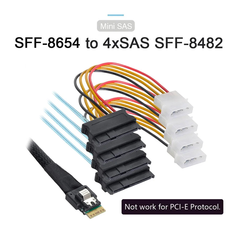 SF-047-1.0M Slimline SAS 4.0 SFF-8654 4i 38Pin Host to 4 SAS 29Pin SFF-8482 Target Hard Disk Fanout Raid Cable 1m - 2