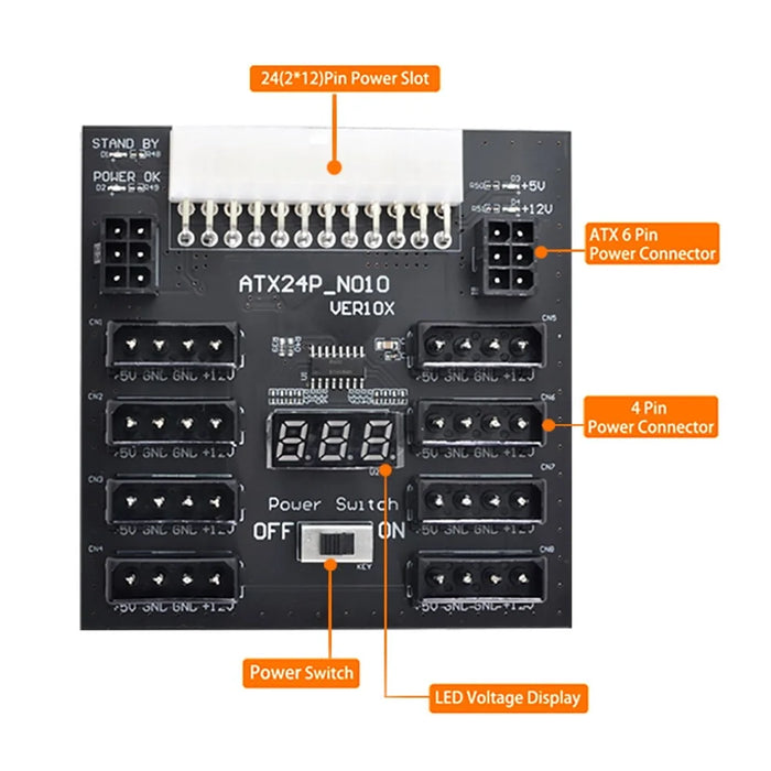 PW-005 ATX-24PIN to IDE 8X 4Pin +2X 6Pin Power Supply Board for CHIA ETH BTC - 3