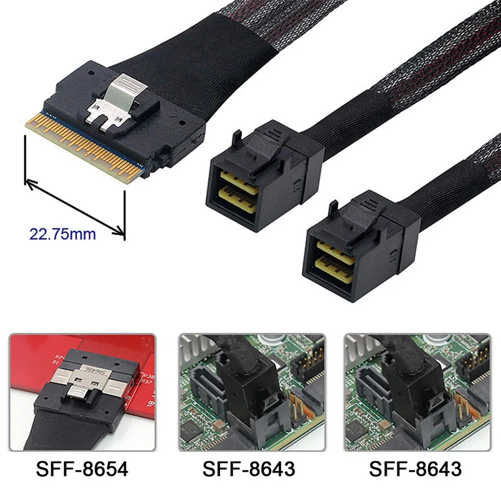 SF-010-0.5M PCI-E Ultraport Slimline SAS Slim 4.0 SFF-8654 8i 74Pin to Dual SFF-8643 4i Mini SAS HD Cable PCI-Express, 0.5m - 5