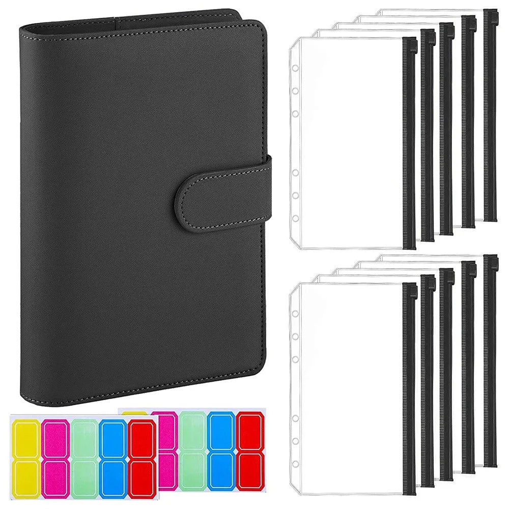 A6 PU Leather Notebook Binder Budget Planner Organizer 6 Ring Binder Cover with 10 Binder Pockets and 2 Label Stickers - Black - 1