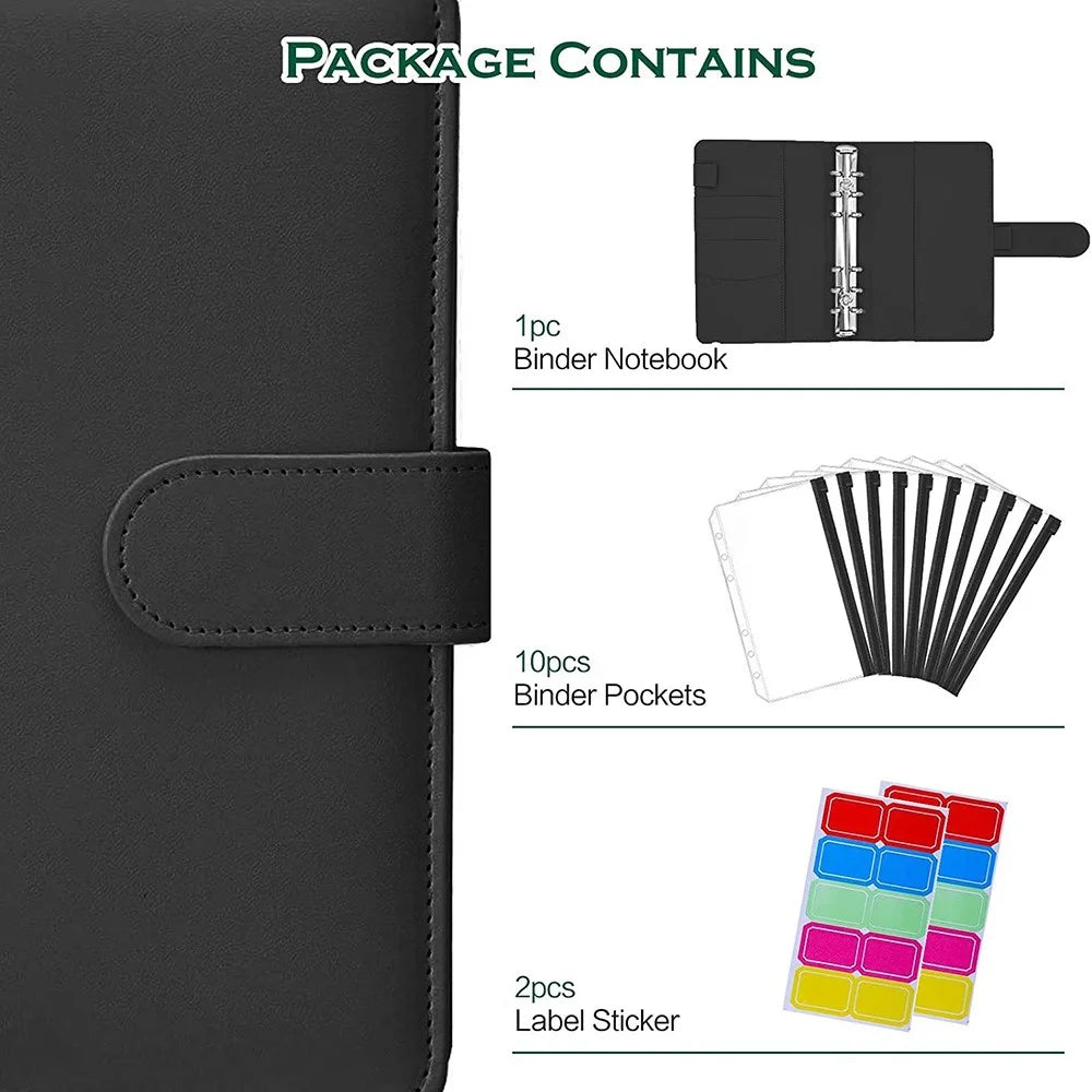 A6 PU Leather Notebook Binder Budget Planner Organizer 6 Ring Binder Cover with 10 Binder Pockets and 2 Label Stickers - Black - 2