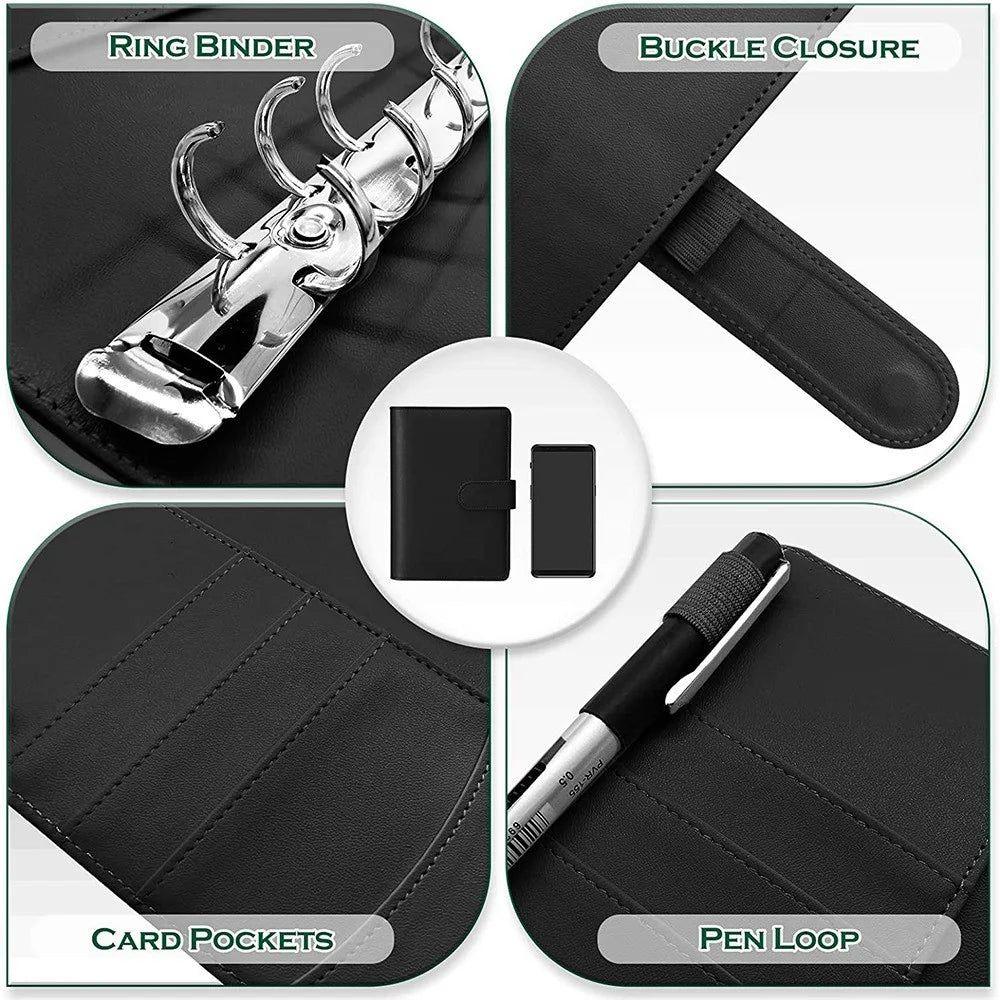 A6 PU Leather Notebook Binder Budget Planner Organizer 6 Ring Binder Cover with 10 Binder Pockets and 2 Label Stickers - Black - 3