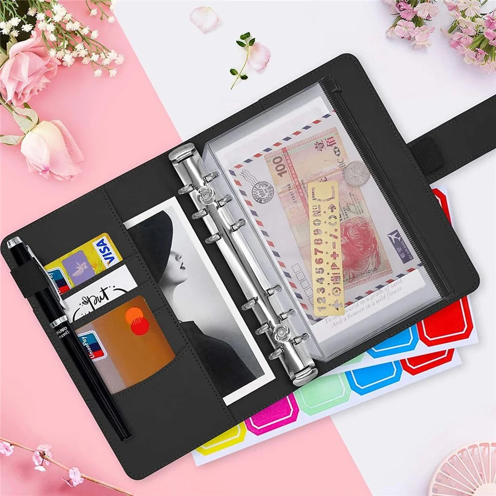A6 PU Leather Notebook Binder Budget Planner Organizer 6 Ring Binder Cover with 10 Binder Pockets and 2 Label Stickers - Black - 4