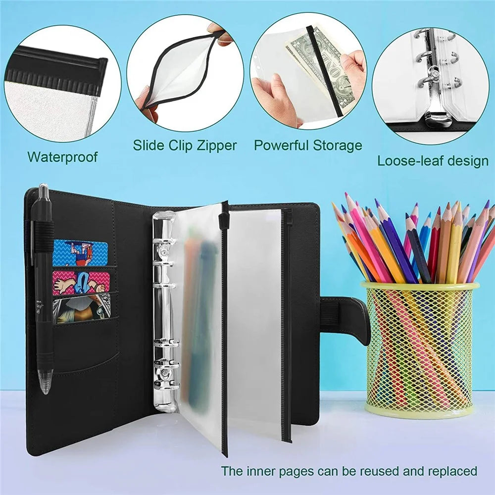 A6 PU Leather Notebook Binder Budget Planner Organizer 6 Ring Binder Cover with 10 Binder Pockets and 2 Label Stickers - Black - 5