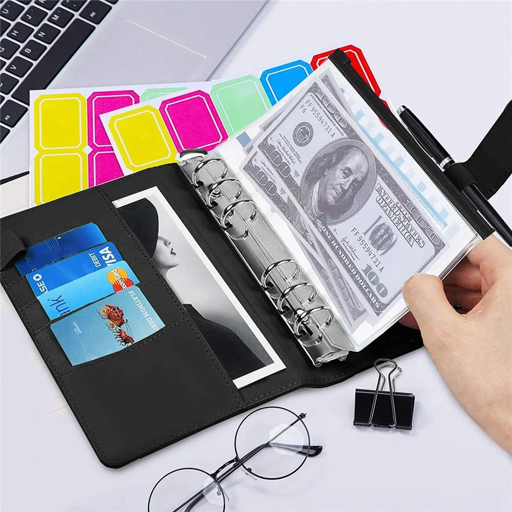 A6 PU Leather Notebook Binder Budget Planner Organizer 6 Ring Binder Cover with 10 Binder Pockets and 2 Label Stickers - Black - 7